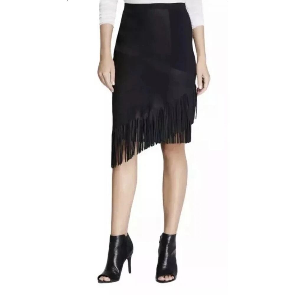 Elie Tahari New Suede Fringe Skirt Black Lamb Leather Western Boho Size 2 NWT